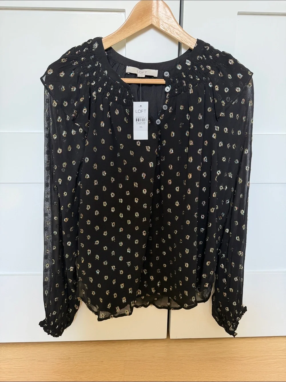 LOFT Black Sheer Floral-Print Long Sleeve Blouse